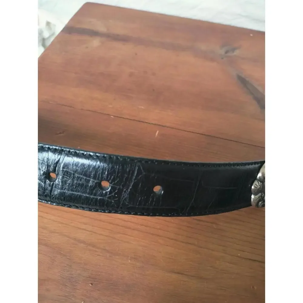 Vintage Fossil‎ Black L Croc-Embossed Leather Belt - Ornate Hinged Silver Buckle